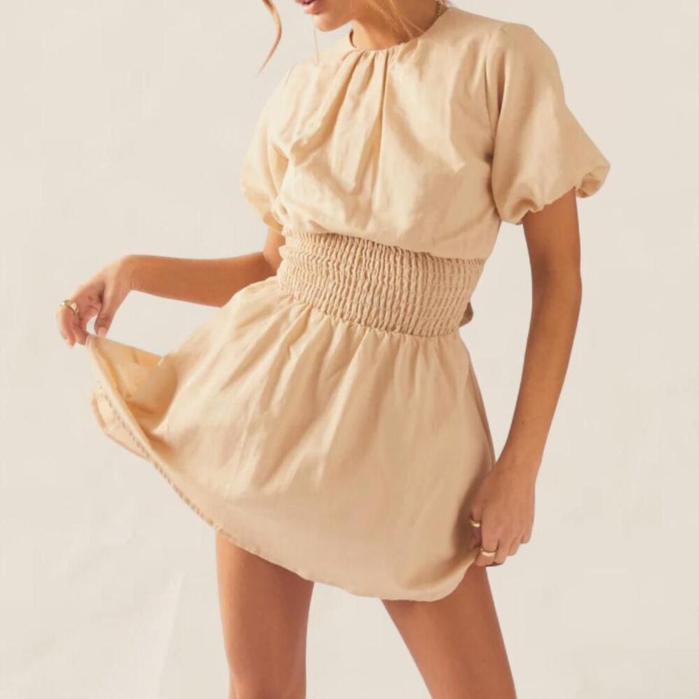 Peppermayo tan Lani Linen open back Mini Dress | babydoll size 2 - Picture 3 of 8